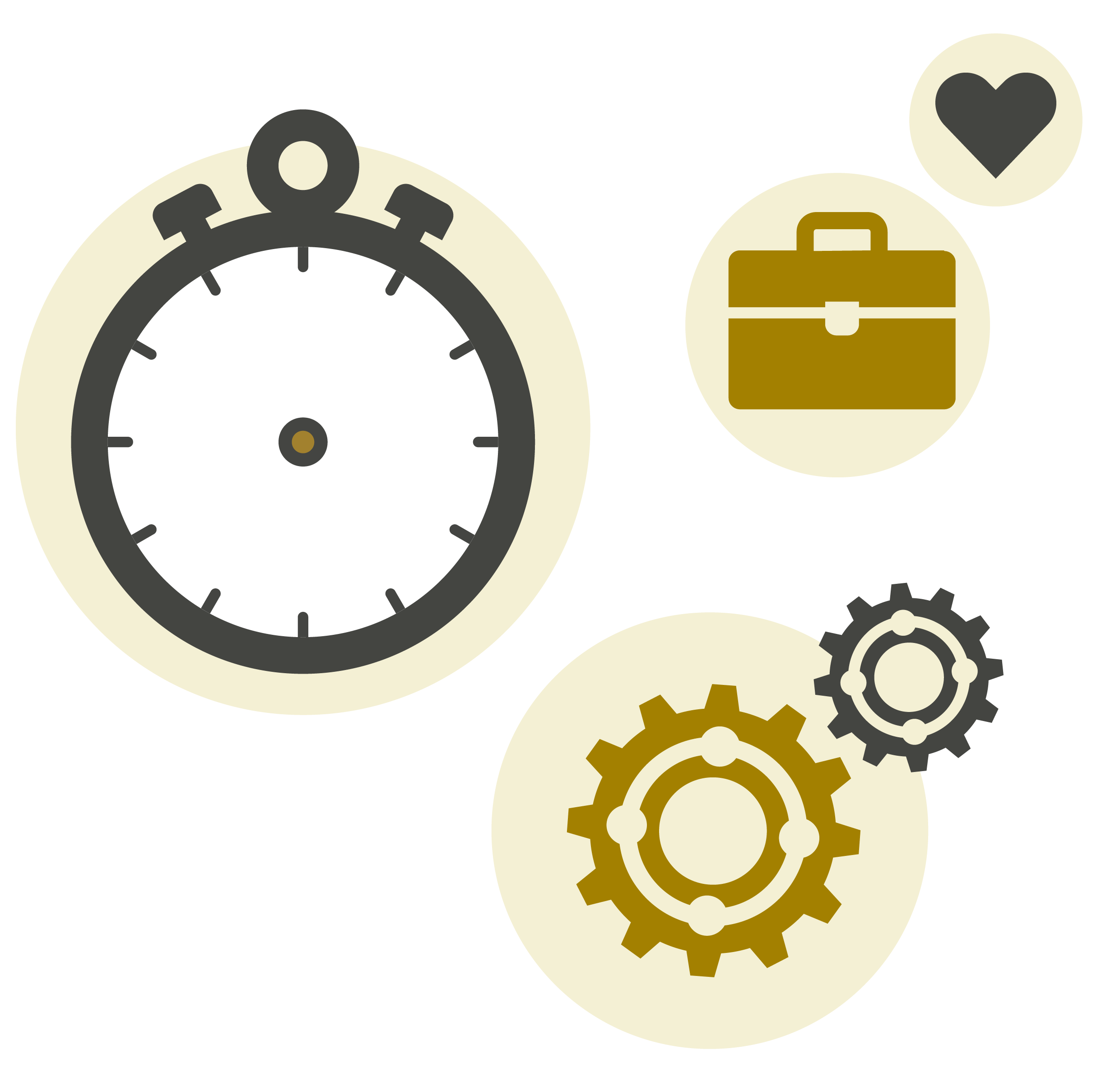 Illustration of a clock, briefcase, heart and cogs.