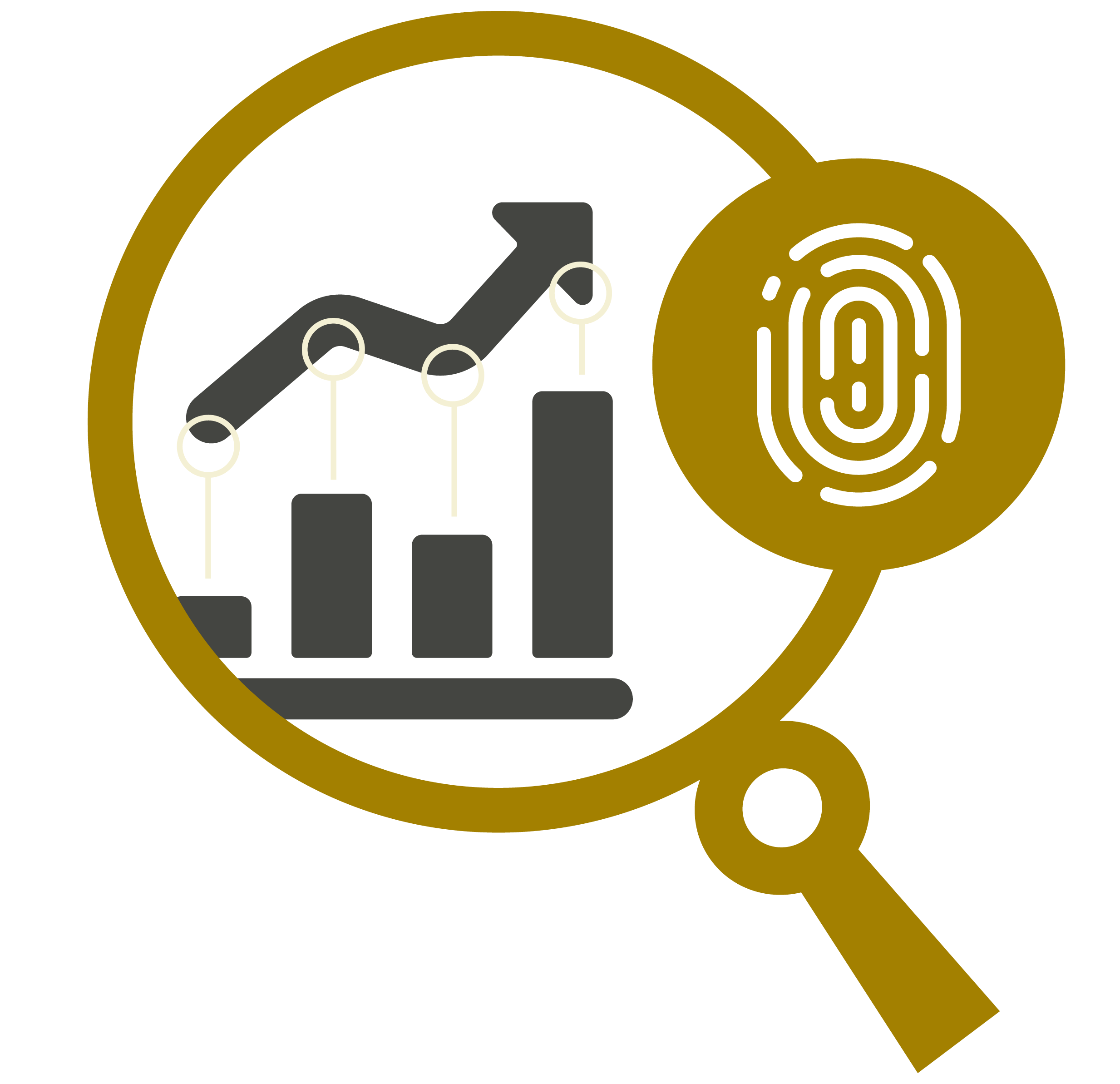 Illustration of a finger print, magnifying glass and a graph