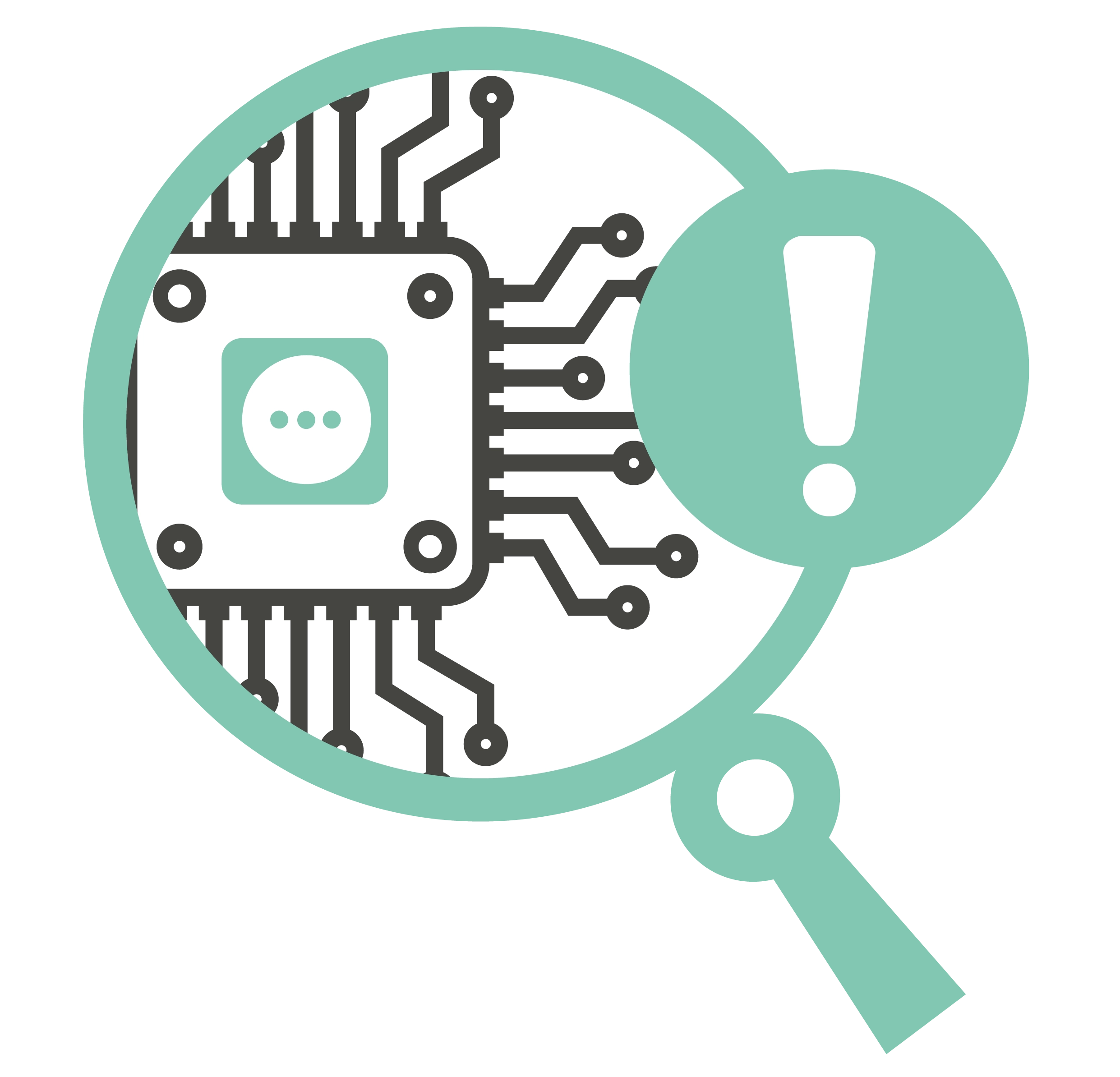 A magnifying glass looking at AI technology. Next to it is an exclamation mark.