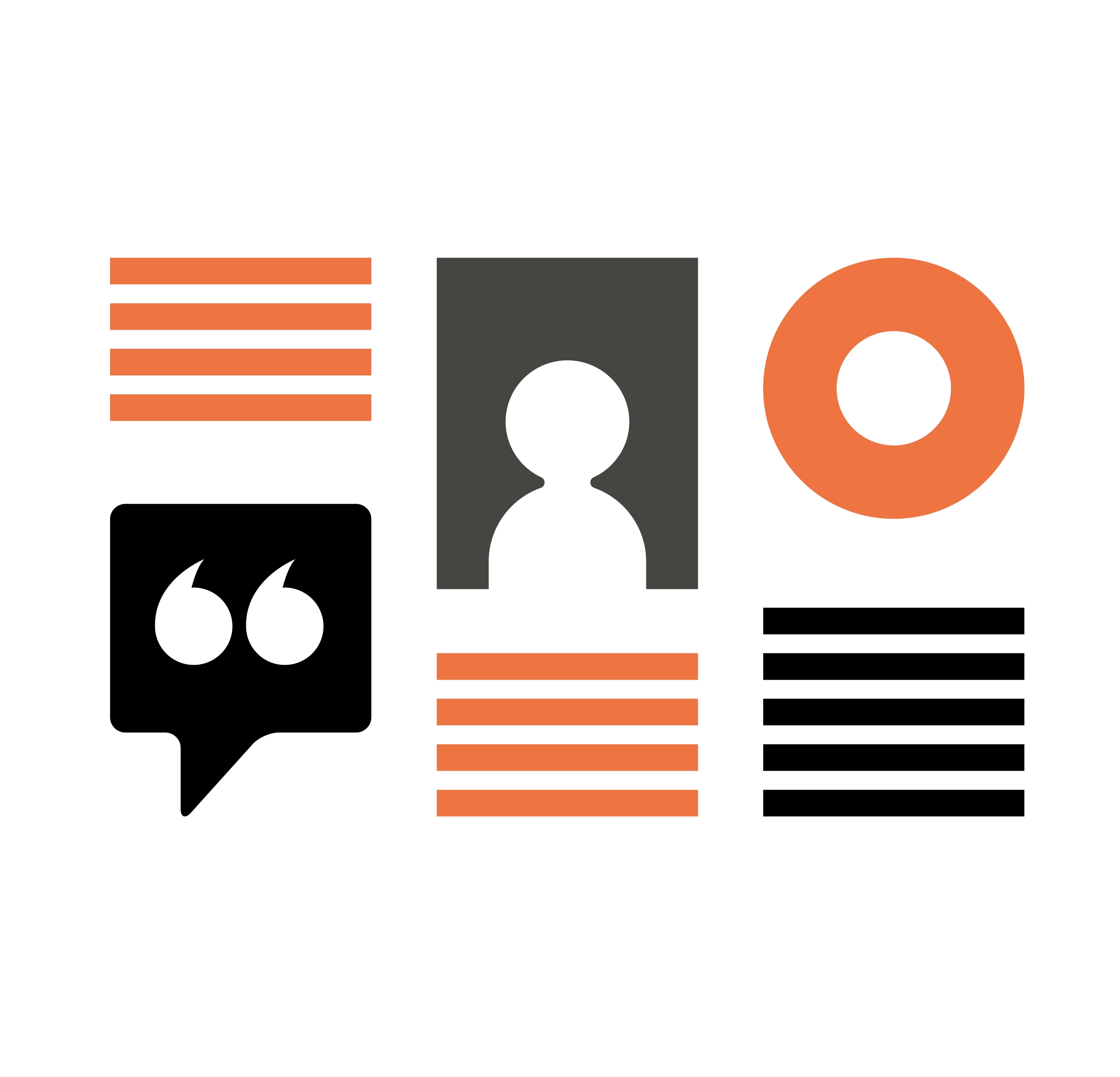 Illustration of a person, a speech bubble and some text marks
