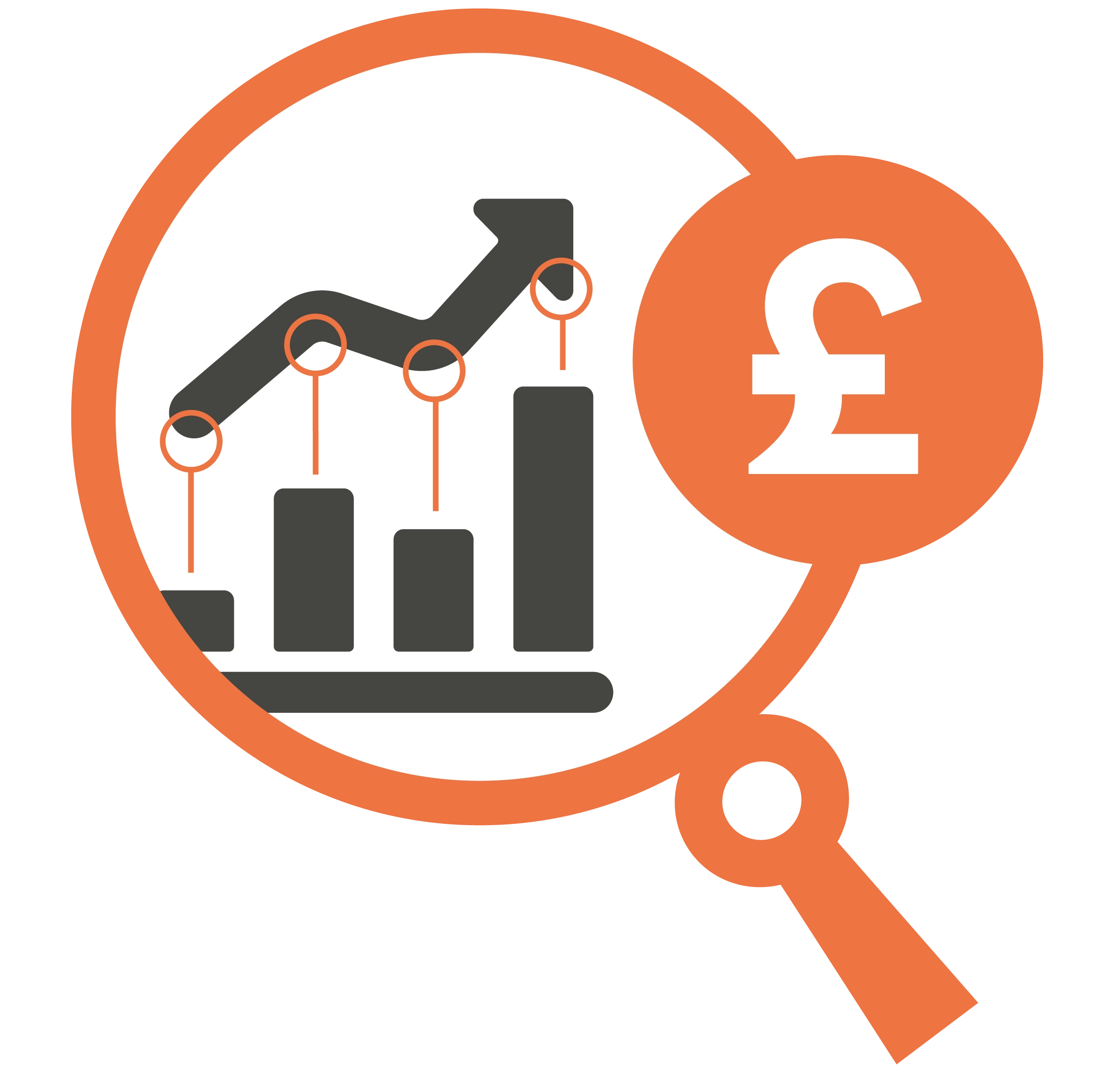 A magnifying glass with a financial bar chart inside. Next to it is a GBP symbol.