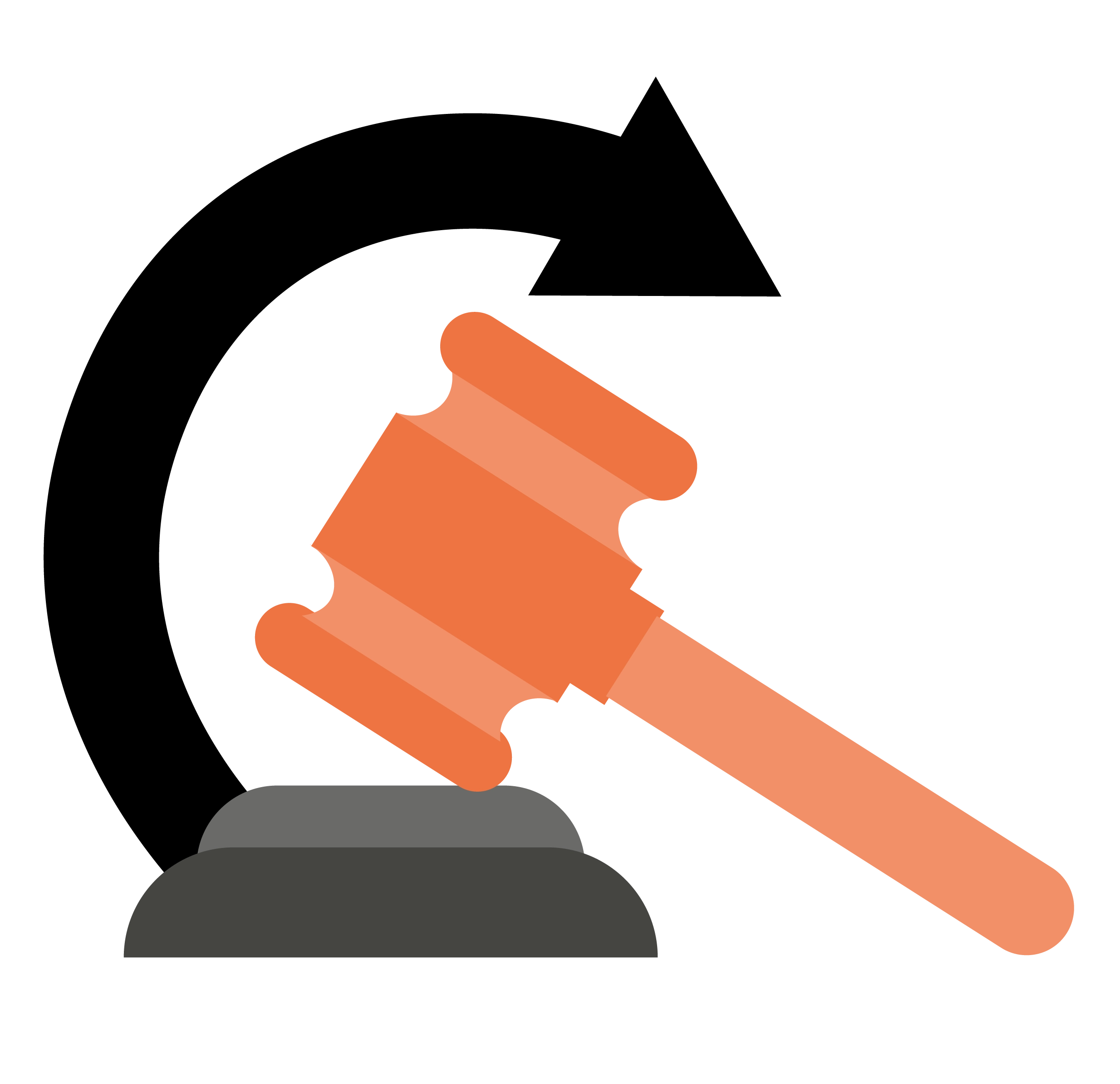 A gavel with a curved arrow behind it