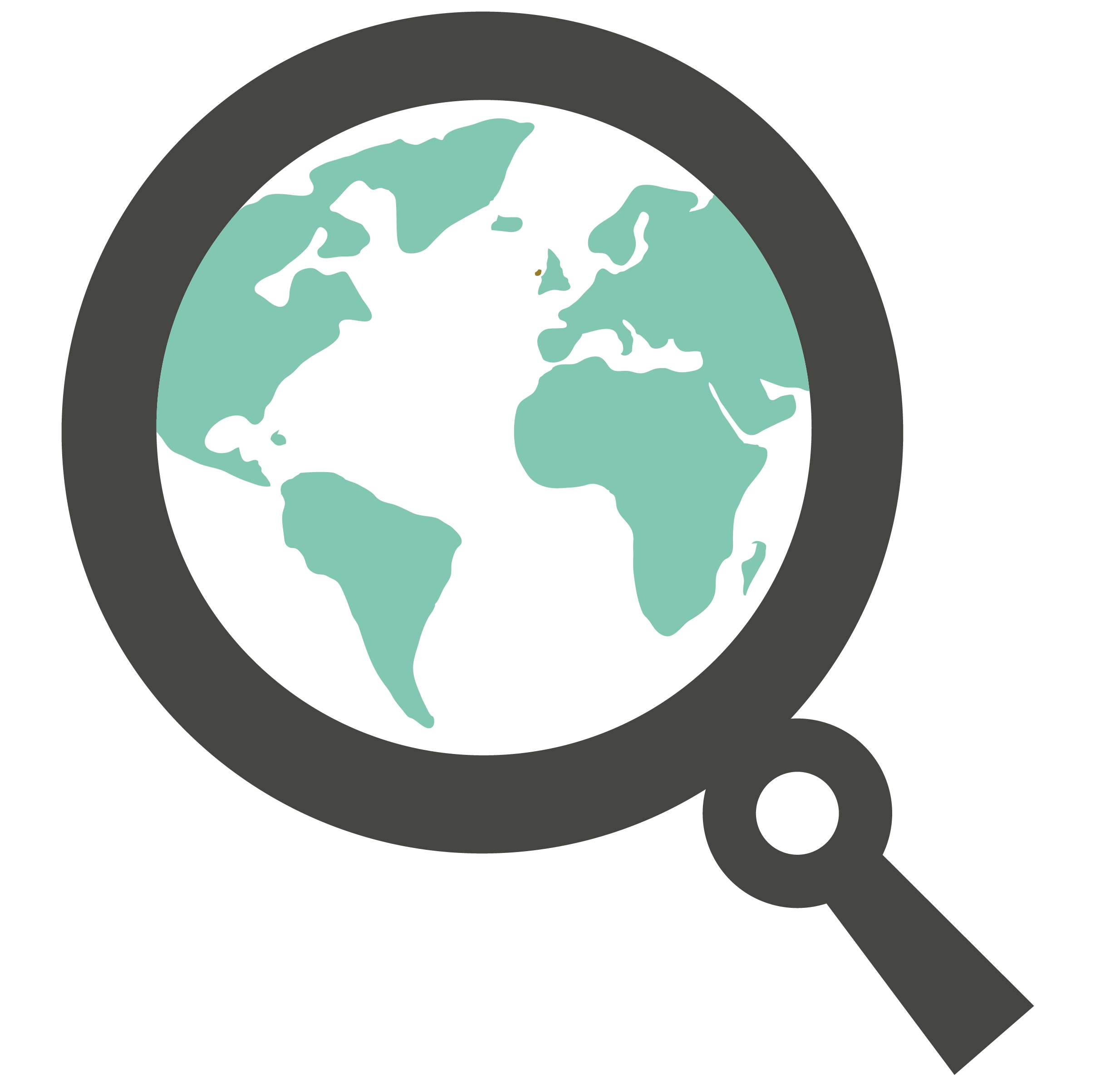 A magnifying glass with the globe inside of it.