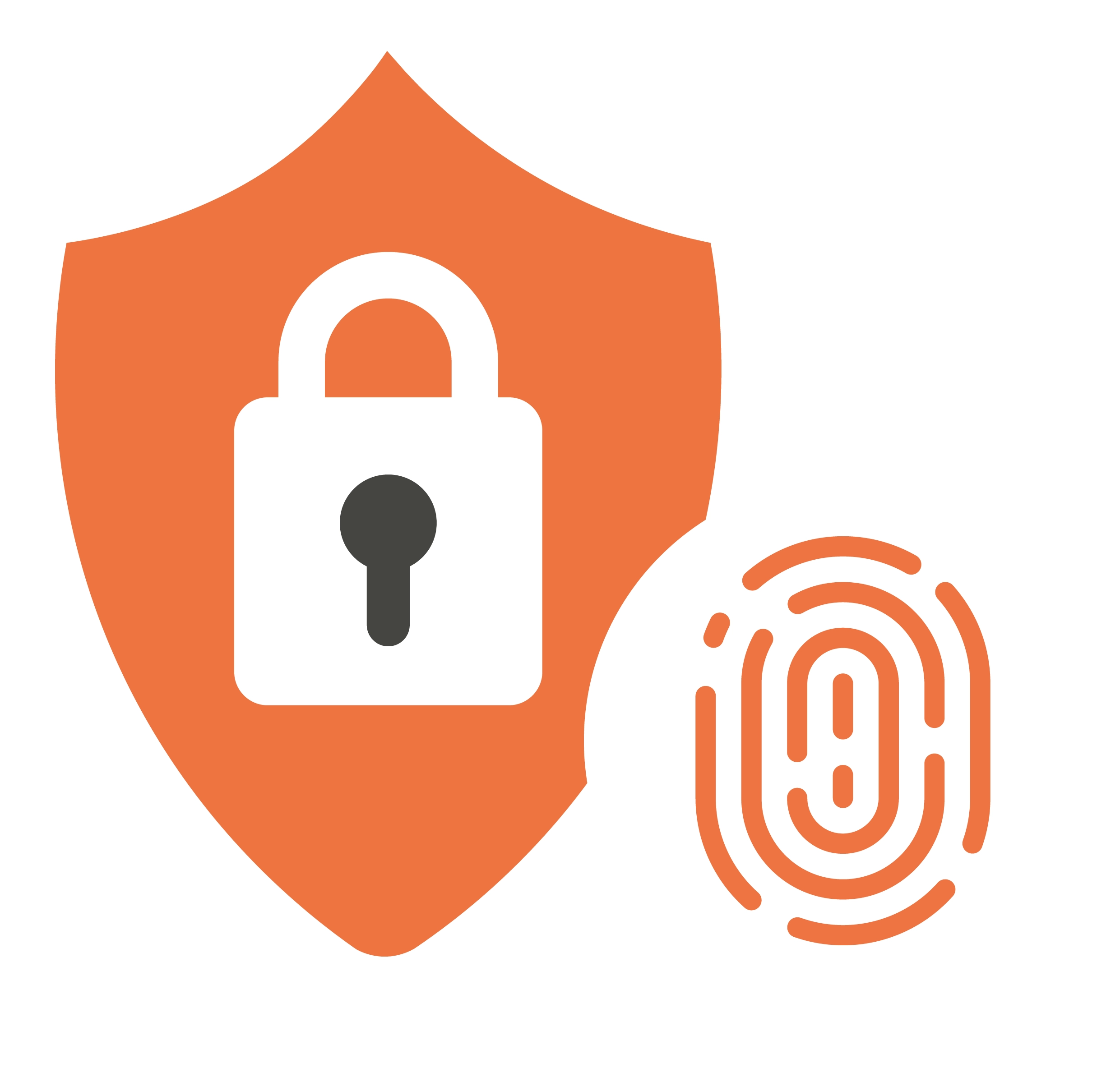 A shield with a lock inside of it, next to it is a thumb print.