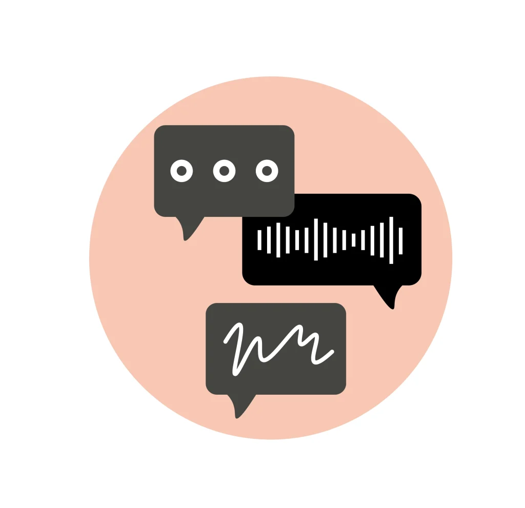 Illustration of three speech bubbles, each with different abstract lines inside.