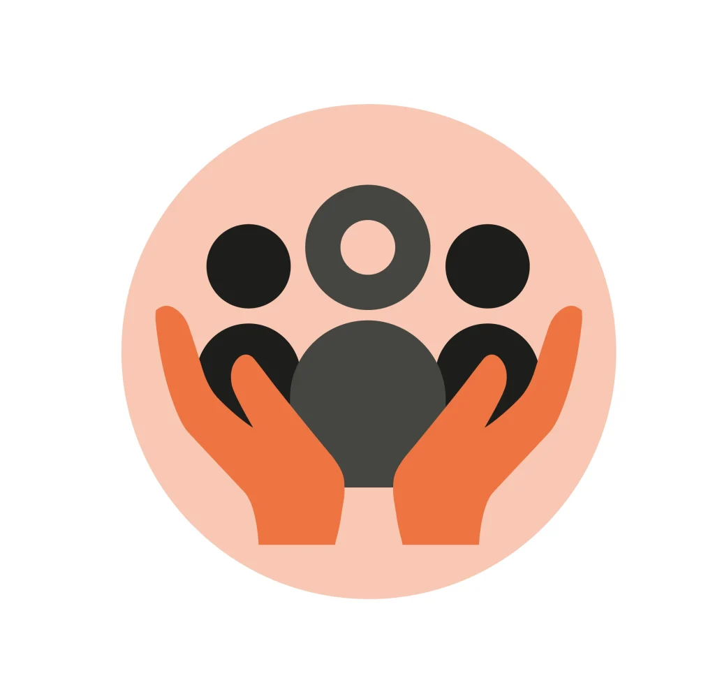 Illustration of two hands showing support, inside the hands are three people icons.